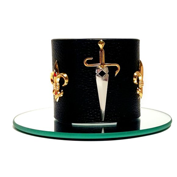 14-18 KT Yellow Gold Bangle Cuff Bracelet Studded Grained Leather - Picture 9 of 12